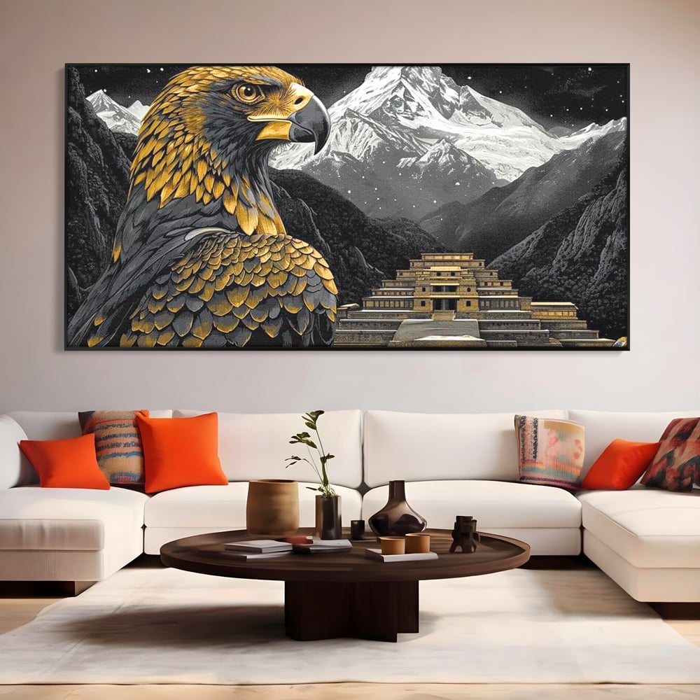 Tablou canvas cu tablou canvas cu vultur si templu aztec, in rama de aluminiu negru, pe perete intr-un living